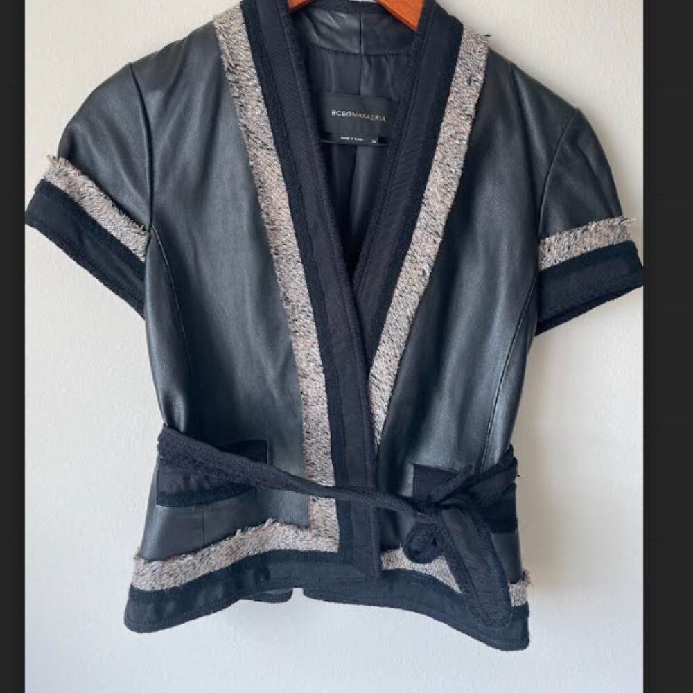 BCBG Max Azria black leather jacket and matching skirt